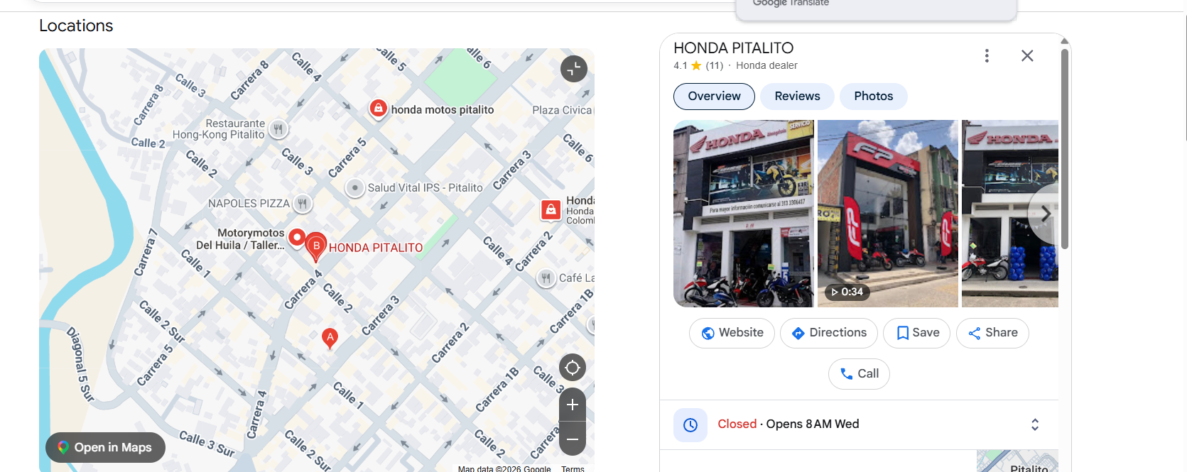 Recorte de una captura pública de Google Maps que muestra resultados y una ficha llamada Honda Pitalito, con mapa y estado de horario visible.