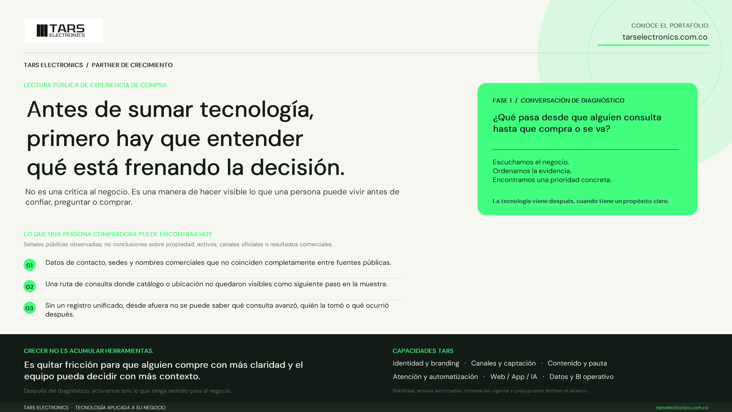 Lámina editorial de TARS: antes de sumar tecnología, primero hay que entender qué está frenando la decisión.